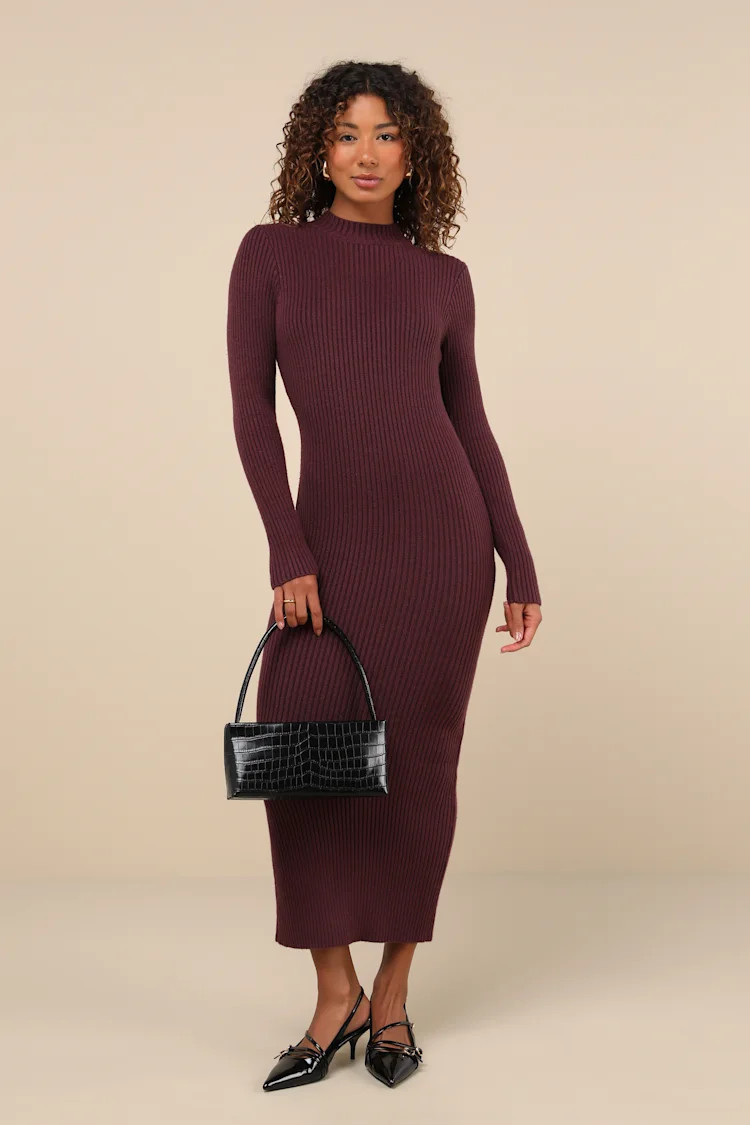 Autumnal Sensation Plum Purple Ribbed Long Sleeve Sweater Dress Long Sleeve Maxi Dress Outfit Winter | Lulus