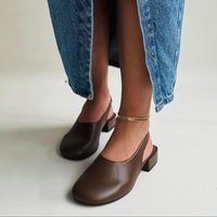 Genuine Leather Brown Block Heel Shoes, Handmade Slingback Closed Toe Flats For Women, Minimalist Comfortable Everyday Style | Etsy (US)