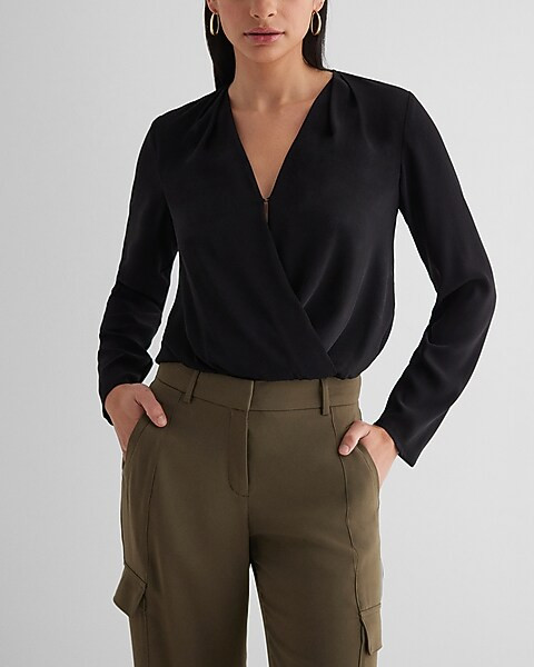 Satin V-neck Long Sleeve Faux Wrap Bodysuit | Express