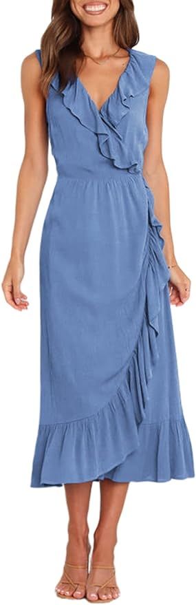 Acelitt Women's 2023 Summer Wrap Maxi Dress Casual V Neck Sleeveless Ruffle Hem Split Beach Long ... | Amazon (US)