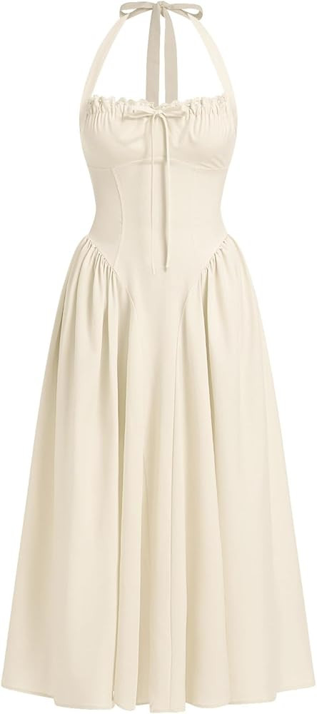 Women Floral Corset Dress Summer Dresses Boho Flowy Adjustable Halter Neck Lace Up Midi Dresses A... | Amazon (US)