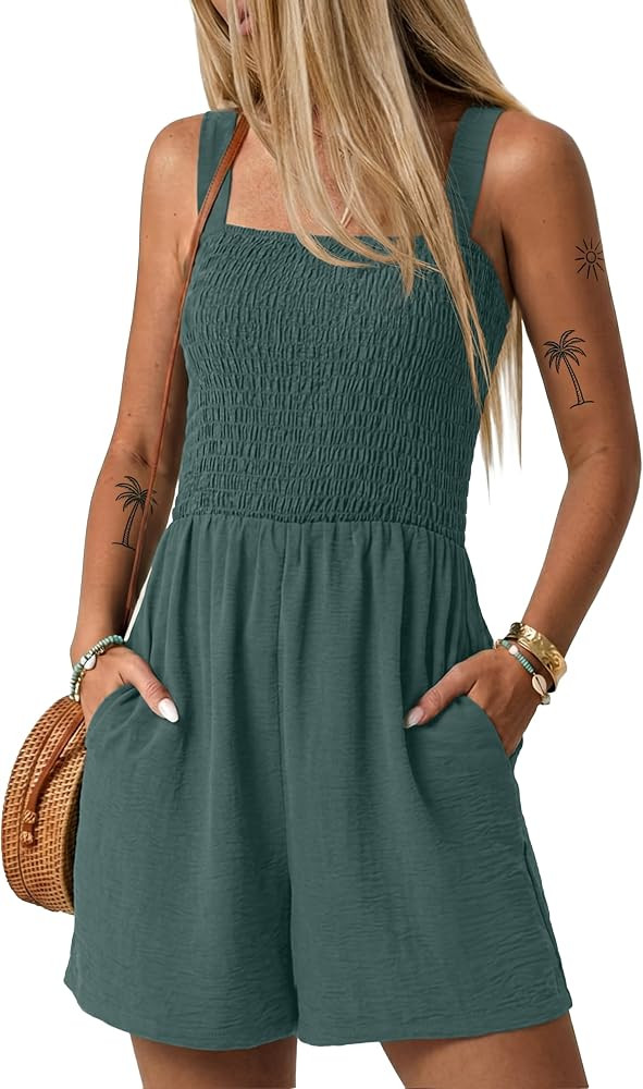Womens Rompers for Summer Casual Smocked Jumpers Overalls Square Neck Jumpsuits with Pockets Beac... | Amazon (US)