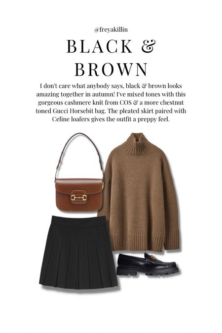 I don't care what anybody says, black & brown looks amazing together in autumn! I've mixed tones with this gorgeous cashmere knit from COS & a more chestnut toned Gucci Horsebit bag. The pleated skirt paired with Celine loafers gives the outfit a preppy feel.

#LTKstyletip #LTKSeasonal #LTKitbag