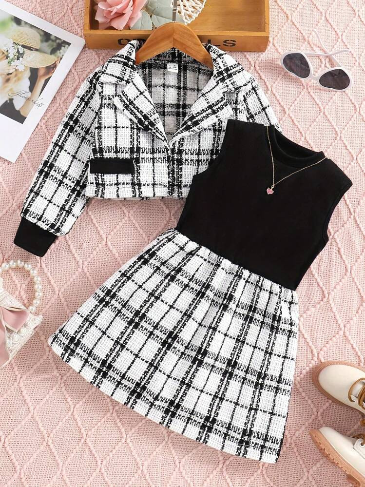 2pcs/Set Young girl Fashion plaid lapel collar  | SHEIN