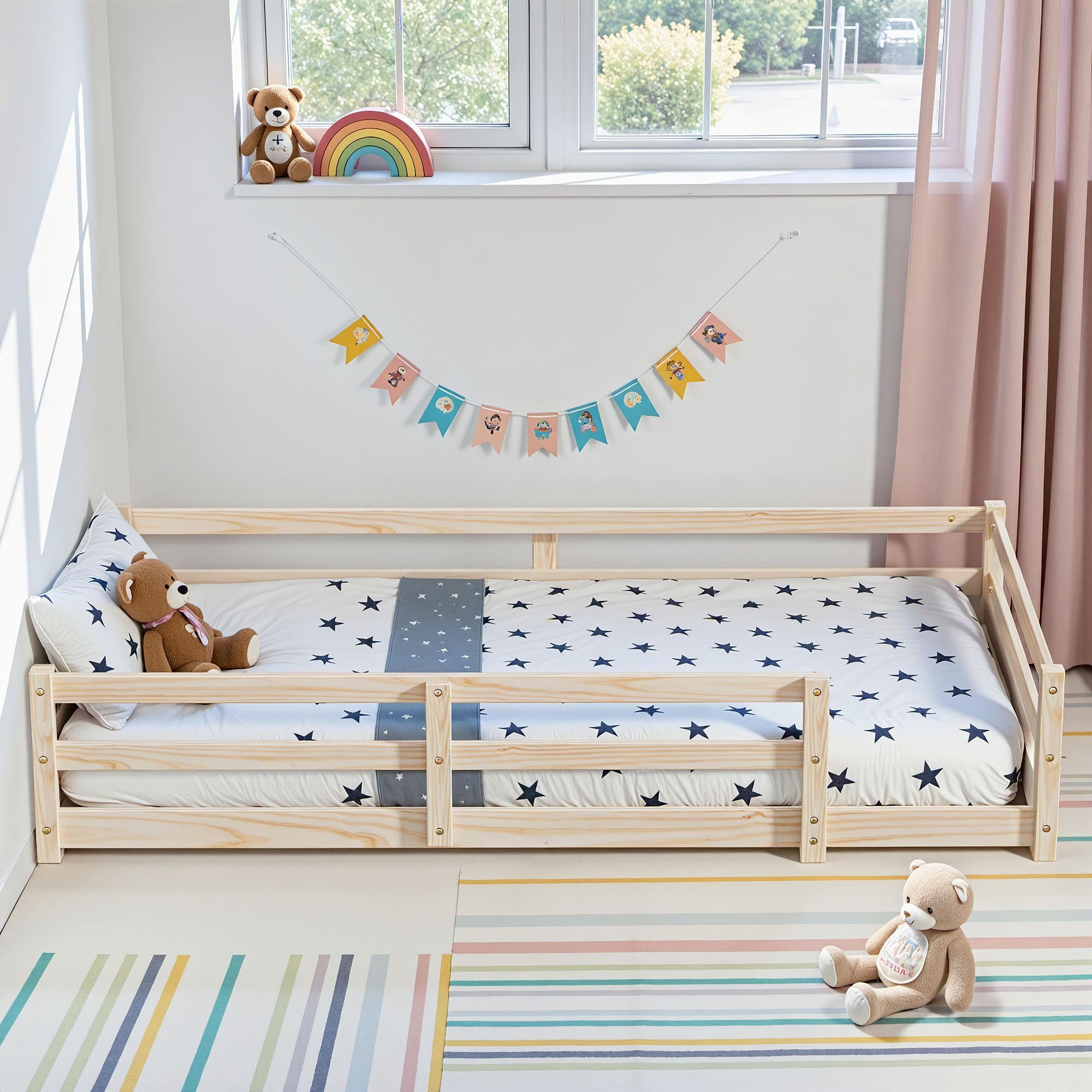 LLS Twin Size Montessori Bed, Solid Wood Floor Bed Frame with Safety High Fence, Montessori Floor... | Amazon (US)