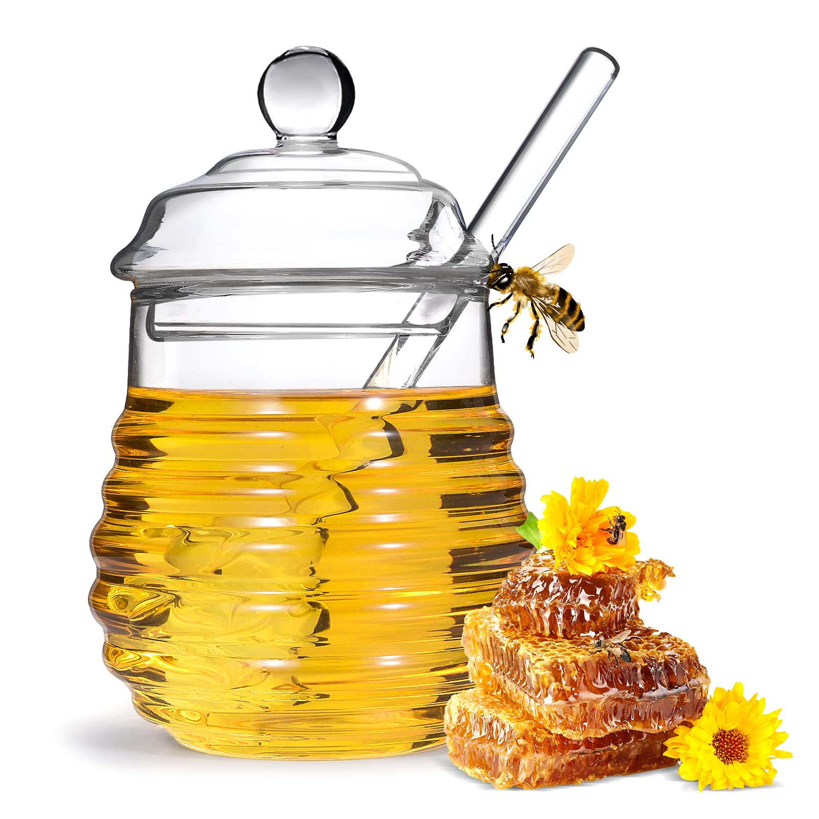 15.5 Oz Honey Pot with Dipper and Lid,Glass Honey Jar,Honey Dispenser,Clear Glass Honey Container... | Amazon (US)