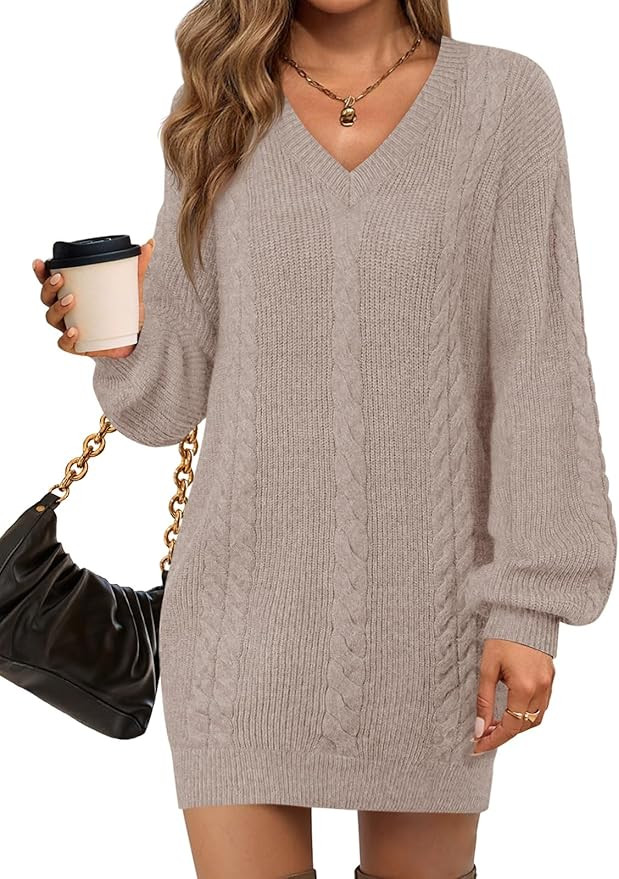 Saodimallsu Womens V Neck Mini Sweater Dress Cable Knit Long Lantern Sleeve Casual Loose Fall Tun... | Amazon (US)