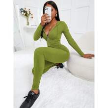 Ribknit Oring Zipper Drawstring Hoodie Leggings | SHEIN
