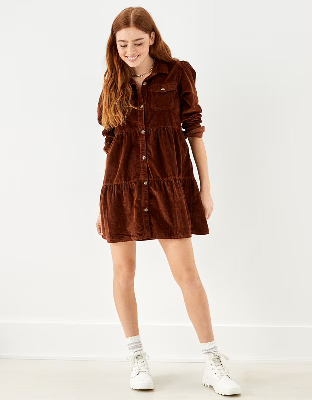 AE Corduroy Button-Up Babydoll Shirt Dress | American Eagle Outfitters (US & CA)