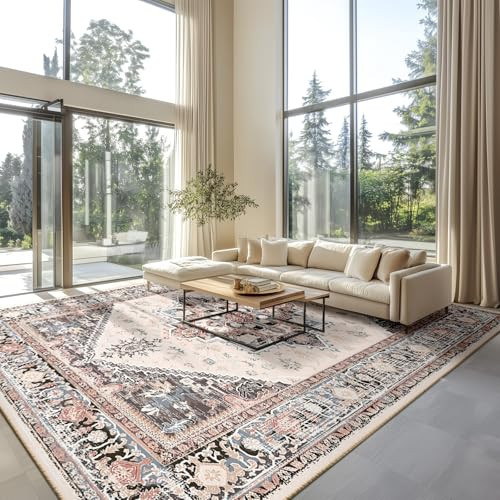 BESTSWEETIE Area Rugs 10x14 Rug for Living Room, Washable Rug 10x14, Non Slip Water Repellent Floor Carpet, Low Pile Soft Vintage Rug for Bedroom Dining Room Indoor-Khaki/Beige/Purple/Black/Brick | Amazon (US)