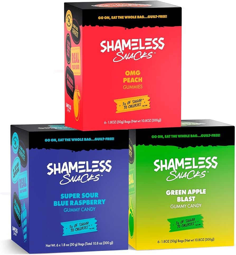 Shameless Low Carb Keto Gummy Bundle - Sour Peach, Blue Raspberry & Green Apple Gluten Free Candy | Amazon (US)