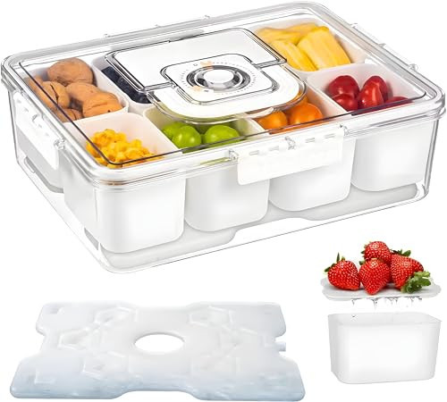 BLIVORRA Portable Snackle Box Container with Ice Pack – 8-Compartment Snack Tray with Lid, Divided Serving Tray & Drain Trays, Ideal Charcuterie Snack Cooler for Picnic, Travel & Parties | Amazon (US)