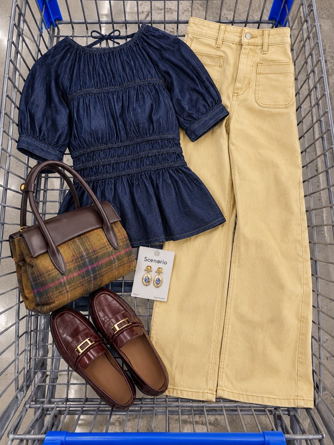 Navy + golden denim is such a good fall color combo. The smocked top, plaid bag and burgundy loafers make this feel polished but still really easy to wear. 🍂

#LTKgrwm #LTKootd