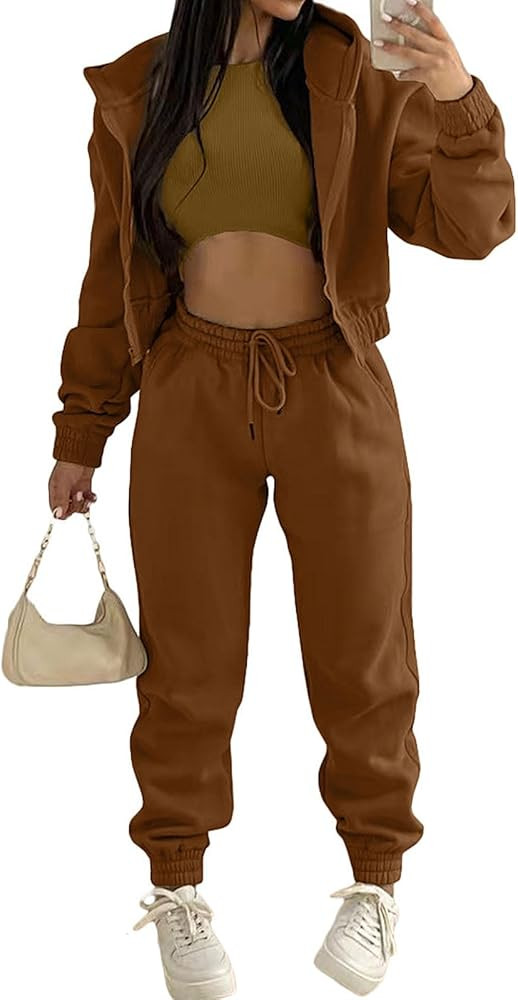 Akmipoem Sweatsuits for Women Set 3 Piece Outfits Zip Up Hoodie Sweatshirt Crop Tank Top Jogger S... | Amazon (US)