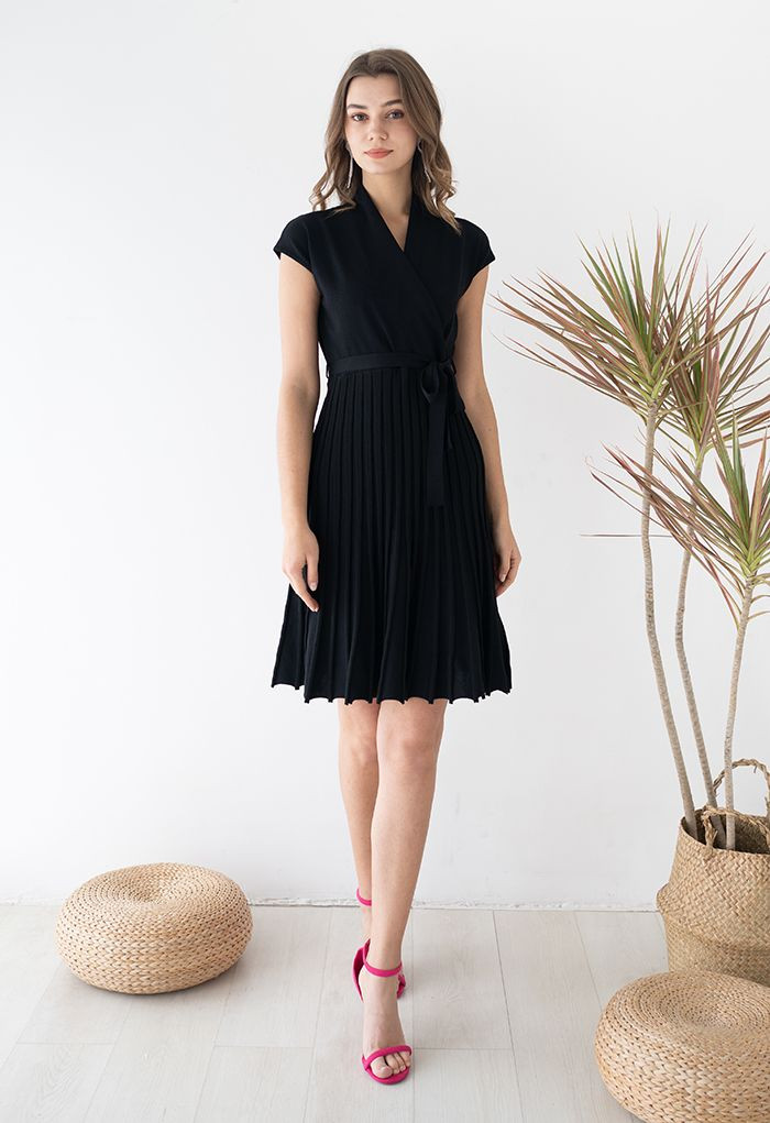 Pleated Sleeveless Wrapped Knit Dress in Black | Chicwish