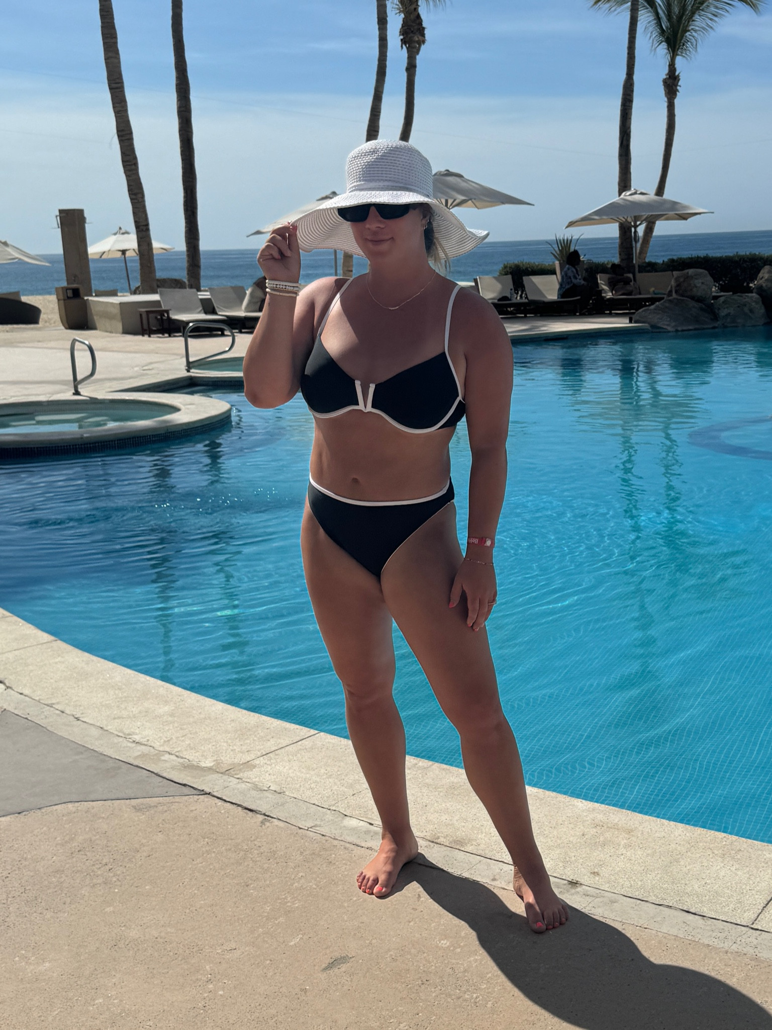 This suit 🔥😍 wearing large in top, medium in bottoms. 

Amazon fashion. Walmart fashion. Black and white swim suit. Summer outfit. Pool outfit. Midsize swim. White sun hat. 

#LTKSwim #LTKxWalmart #LTKSummerSales