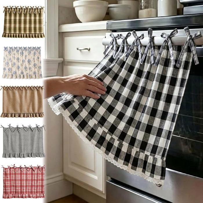 Farmhouse Oven Skirt, Handmade Oven Curtain for Stove, Vintage Oven Skirt Curtain for Farmhouse Cottage Dishwasher Kitchen Decor, with Ruffles and Ribbon Ties (Gray Plaid) | Amazon (US)