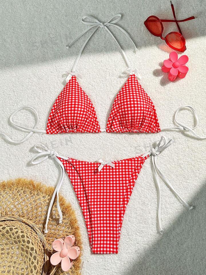 SHEIN Swim Mod Summer Beach Checkered V-Neck Halter Bikini Set | SHEIN USA | SHEIN