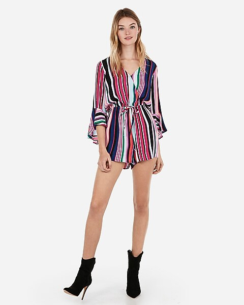 striped surplice bell sleeve romper | Express