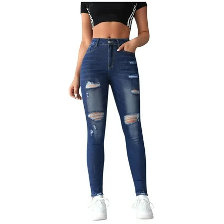 EHQJNJ Womens Jeans Straight Leg Loose Short Women s Elastic Distressed Jeans Women s Tight Fitting High Waist Washed Long Pants Cargo Jeans Women High Waisted Jeans for Women High Waisted | Walmart (US)