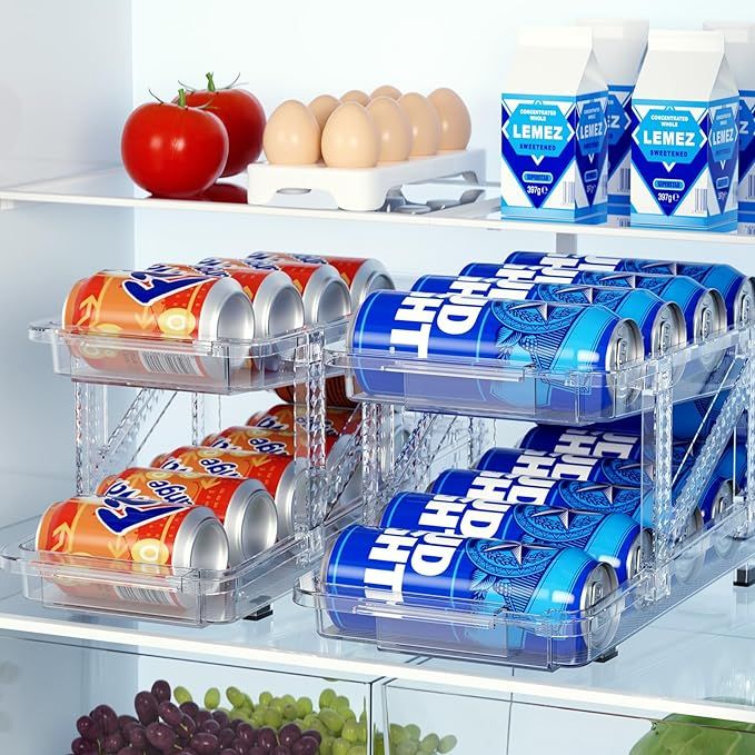 Soda Can Dispenser for Refrigerator, Set of 2 Adjustable Width Soda Can Organizer 2-Layer Beverag... | Amazon (US)