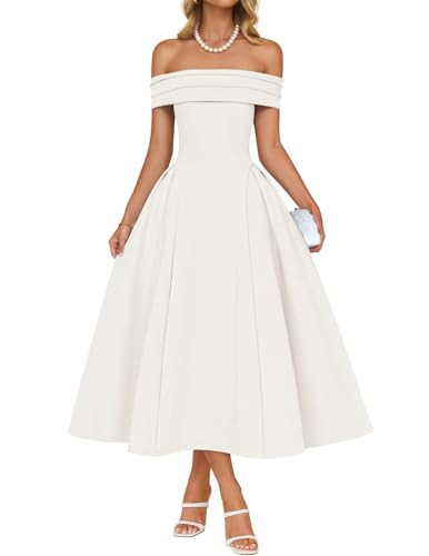 ZESICA Summer 2026 Cocktail Dresses for Women's Off Shoulder Short Sleeve Swing A Line Wedding Evening Party Midi Dress White Small | Amazon (US)