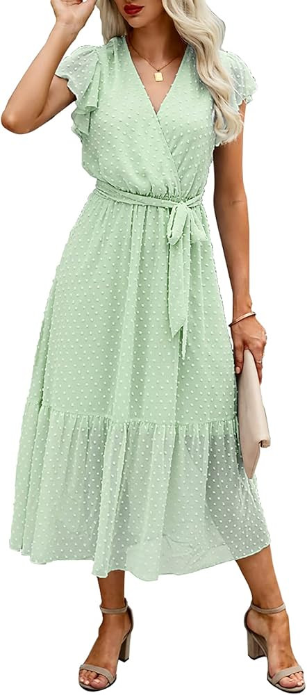 BTFBM Women Summer Bohemian Floral Casual Wrap V Neck Ruffle Cap Sleeveless Belt A-Line Pleated Hem  | Amazon (US)
