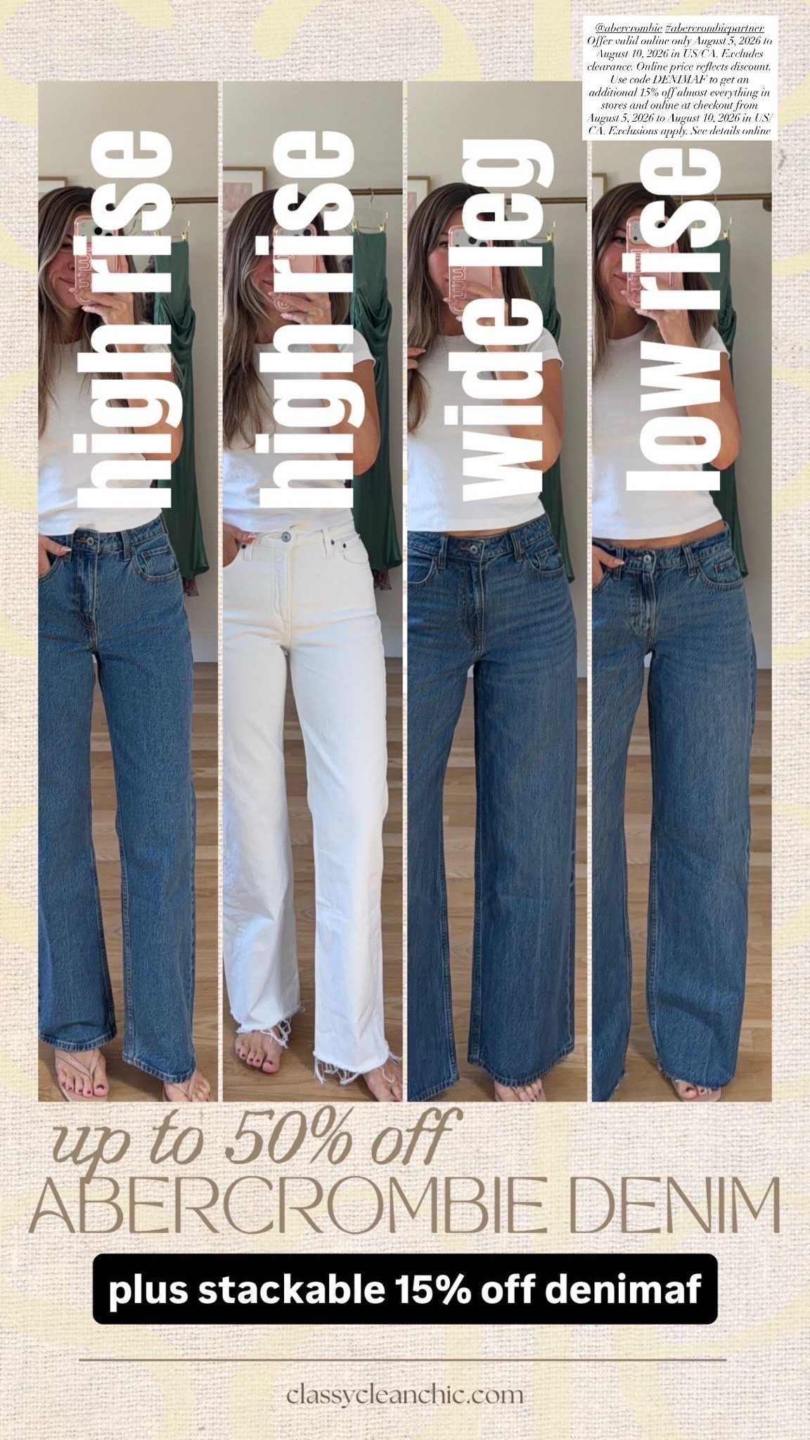 #abercrombiepartner up to 50% off @abercrombie denim plus stackable 15% off DENIMAF code! 👖

wearing my usual 26 regular & did a long in the low rise. 

*Offer valid online only August 5, 2026 to August 10, 2026 in US/CA. Excludes clearance. Online price reflects discount.
*Offer valid in stores and online August 5, 2026 to August 10, 2026 in US/CA. Exclusions apply as indicated. Online price reflects discount.
*Use code DENIMAF to get an additional 15% off almost everything in stores and online at checkout from August 5, 2026 to August 10, 2026 in US/CA. Exclusions apply. See details online.

#LTKootd #LTKSaleAlert #LTKgrwm