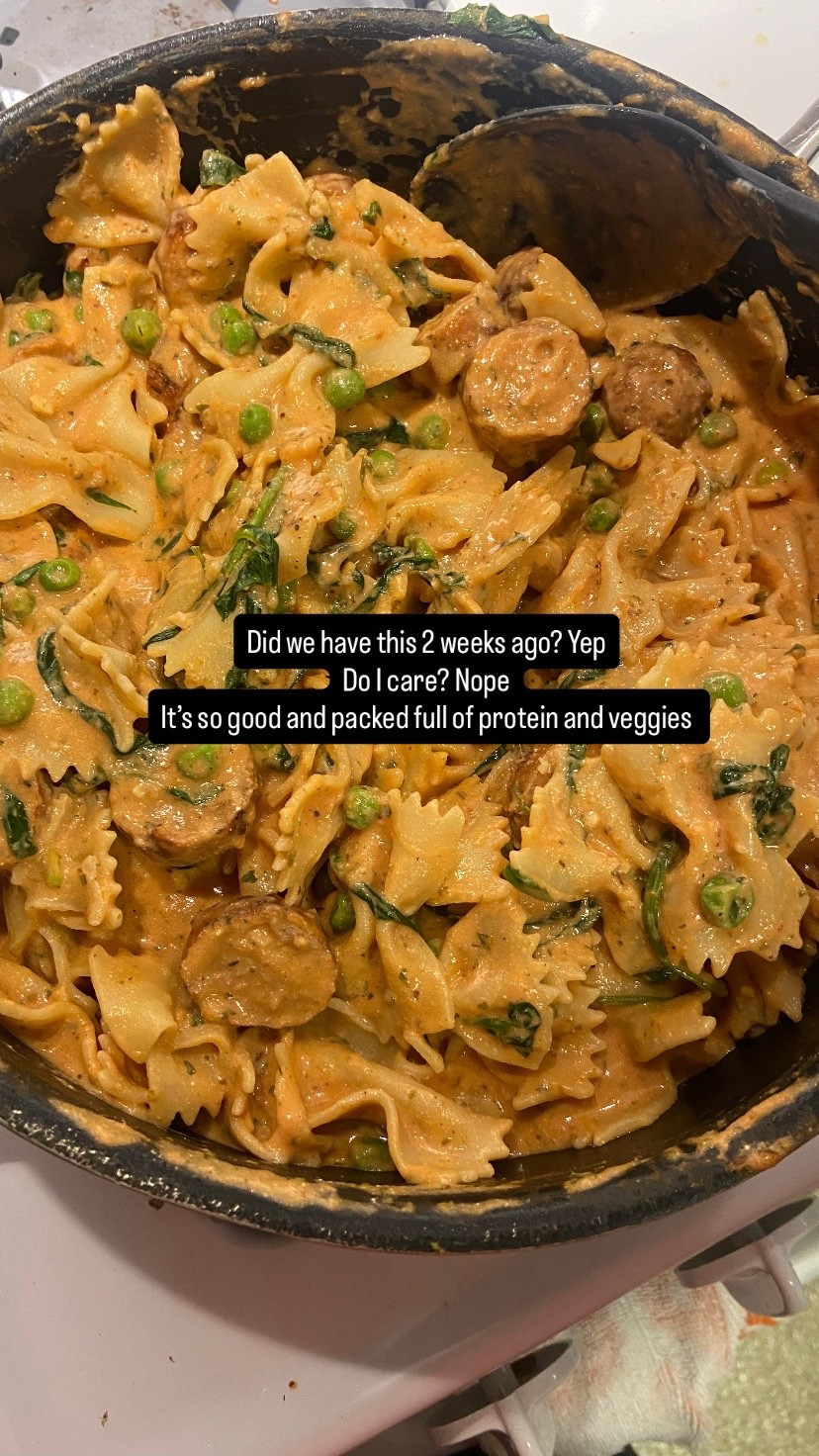 This pasta is from the Almond Eater - Italian chicken sausage pasta. It’s so good.  I add extra veggies and mix cottage cheese with tomato sauce to up the protein content. Delish! 


#recipes #recipeidea #highprotein #familydinner 

#LTKHome #LTKFamily