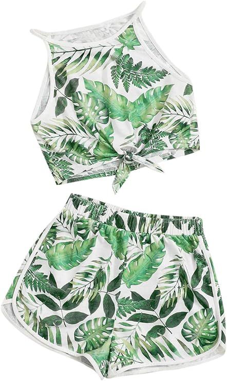 Romwe Girl's 2 Piece Outfit Tropical Print Tie Hem Cami Crop Top and Shorts Set | Amazon (US)