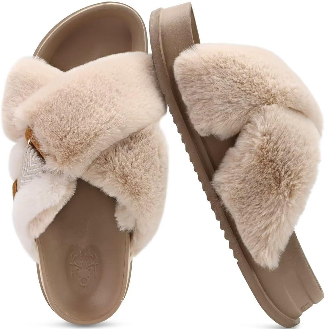 KuaiLu Womens Fuzzy Cross Band Arch Support Memory Foam Indoor Slippers | Amazon (US)