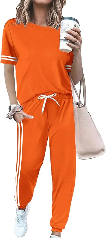 Women 2 Piece Outfits Summer Set Striped Short Sleeve Sweatsuits Crew Neck Pullover Lounge Tracks... | Amazon (US)