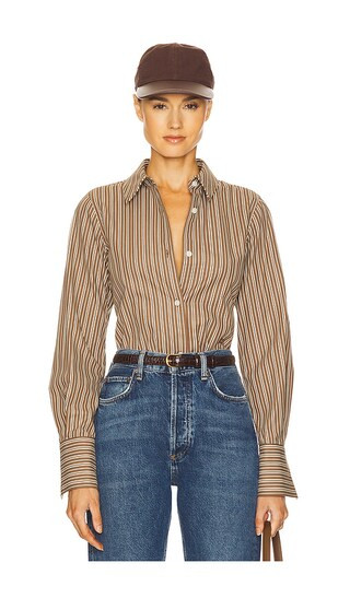 Pinstripe Poplin Fitted Shirt in Brown & Cream Stripe | Revolve Clothing (Global)