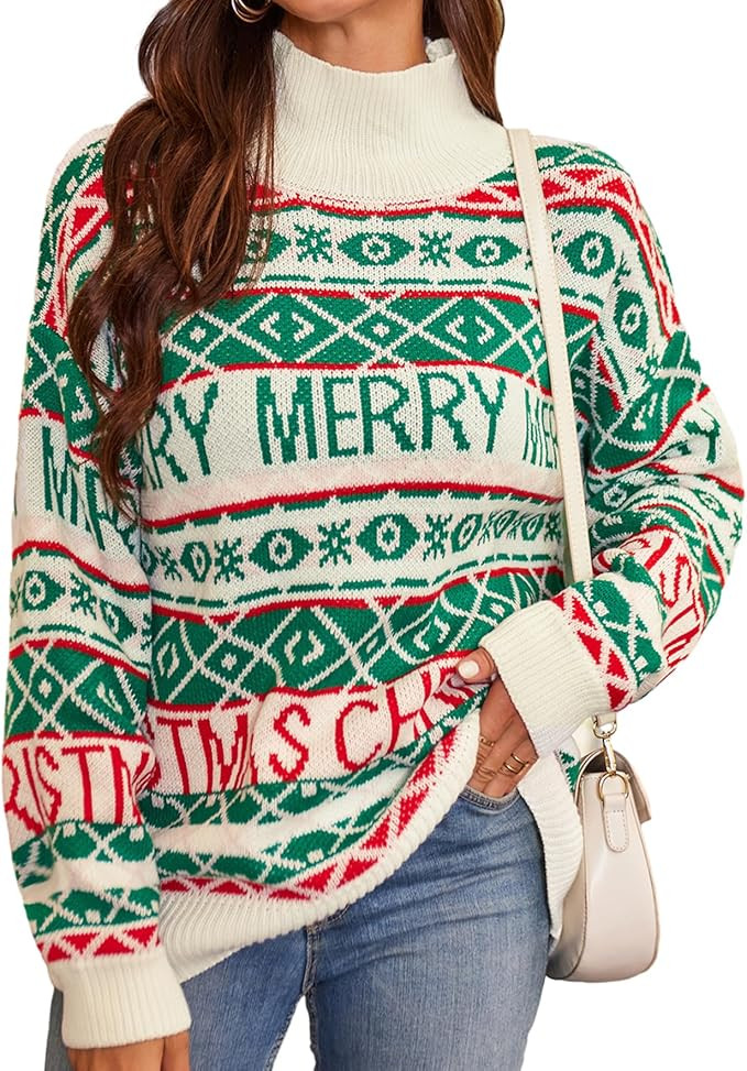 ZAFUL Women's Christmas Snowflake Reindeer Knitted Sweater Long Sleeve Crew Neck Heart Animal Pri... | Amazon (US)