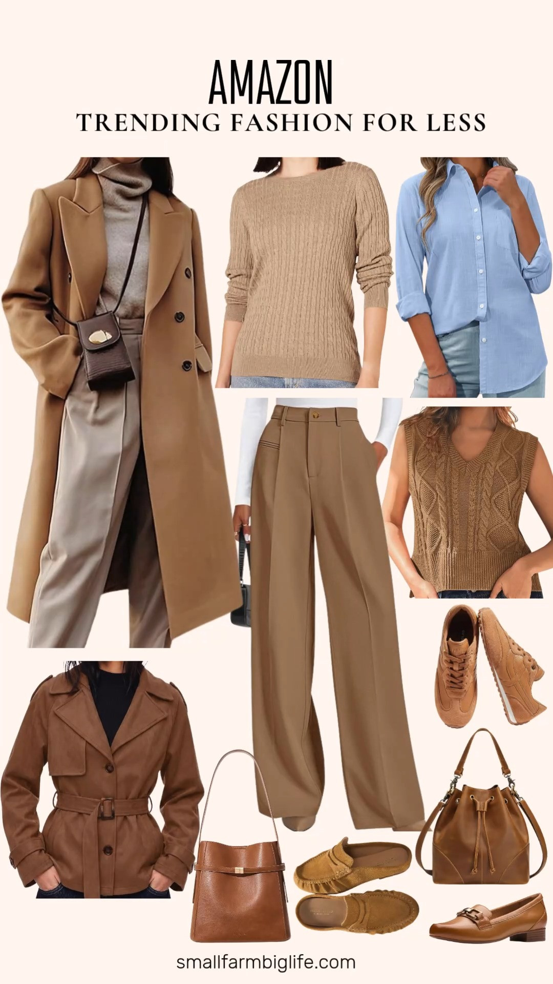 Ralph Lauren Inspired Autumn Wardrobe Essentials

This is the kind of fall wardrobe that never goes out of style, built on camel, khaki, and cognac tones layered with classic preppy pieces.

Start with a camel double breasted wool trench coat or peacoat as your outerwear staple, and layer it over a cable knit sweater in camel heather or a ribbed sweater vest in dark khaki for an easy preppy look. A light blue linen button down works underneath a sweater vest or on its own for warmer fall days, and a pair of tailored wide leg dark khaki work pants gives you a polished, business casual base to build around.

For footwear, light brown retro sneakers keep things casual, while camel suede penny loafers or tan leather loafers lean more classic and preppy. On the bag front, a light brown leather crossbody with a drawstring closure is great for everyday wear, and a cognac brown quiet luxury bucket bag dresses things up for the office or weekend.

Finish the look with a camel brown faux suede belted trench jacket for an extra layer that ties the whole palette together.

falloutfits quietluxury preppystyle camelcoat workwearoutfits 

 #LTKootd #LTKOver40 #LTKWorkwear