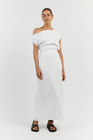 CASS WHITE LINEN ASYM MIDI DRESS | DISSH
