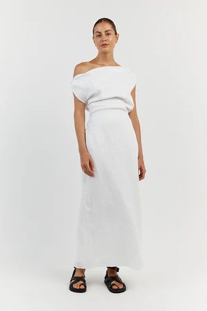 CASS WHITE LINEN ASYM MIDI DRESS | DISSH