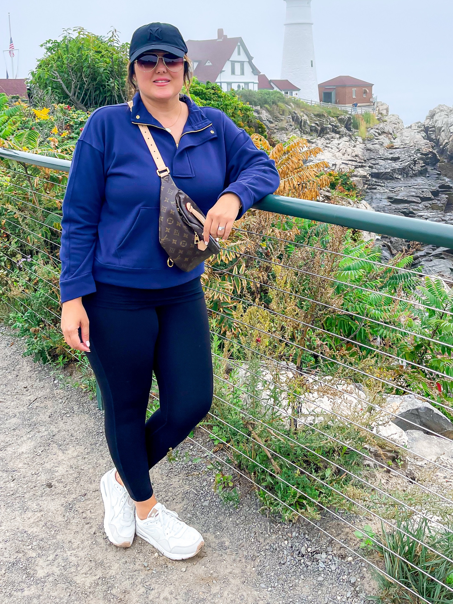 Maine outfit inspo. Portland lighthouse trip, travel outfit, Fall outfit, comfy outfit, sweatshirt, leggings, ball cap, sneakers, white Nikes, nautical vibe 