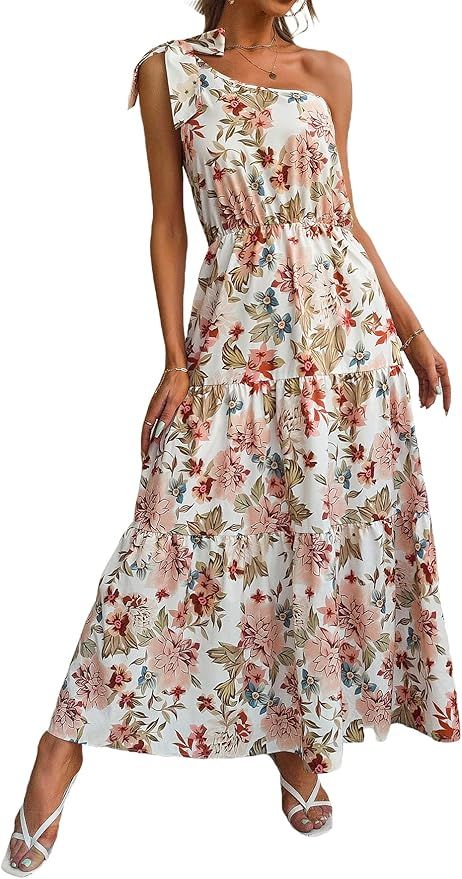 Floerns Women's All Over Print Knot One Shoulder Sleeveless A Line Long Dress | Amazon (US)