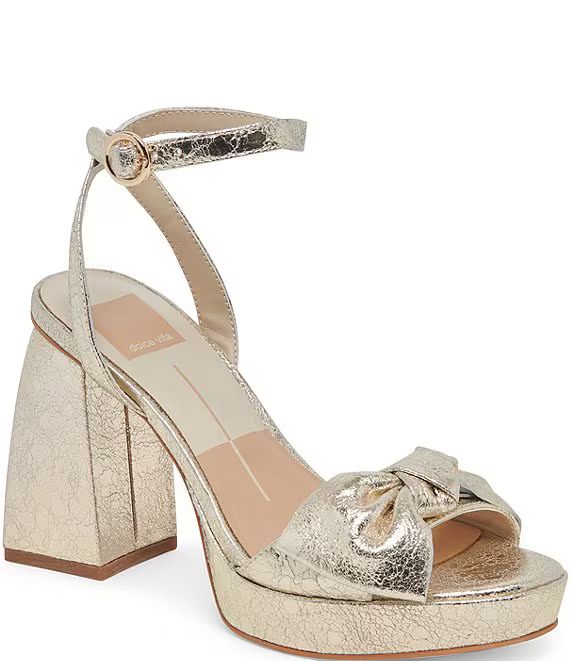 Pacie Metallic Distressed Leather Bow Platform Block Heel Ankle Strap Dress Sandals | Dillard's