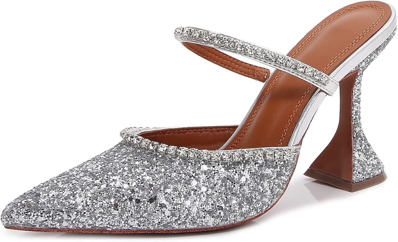 Women's Mule Heels Rhinestones Strappy Stiletto Slide Pumps Slip On Sexy High Heels Sandals Close... | Amazon (US)