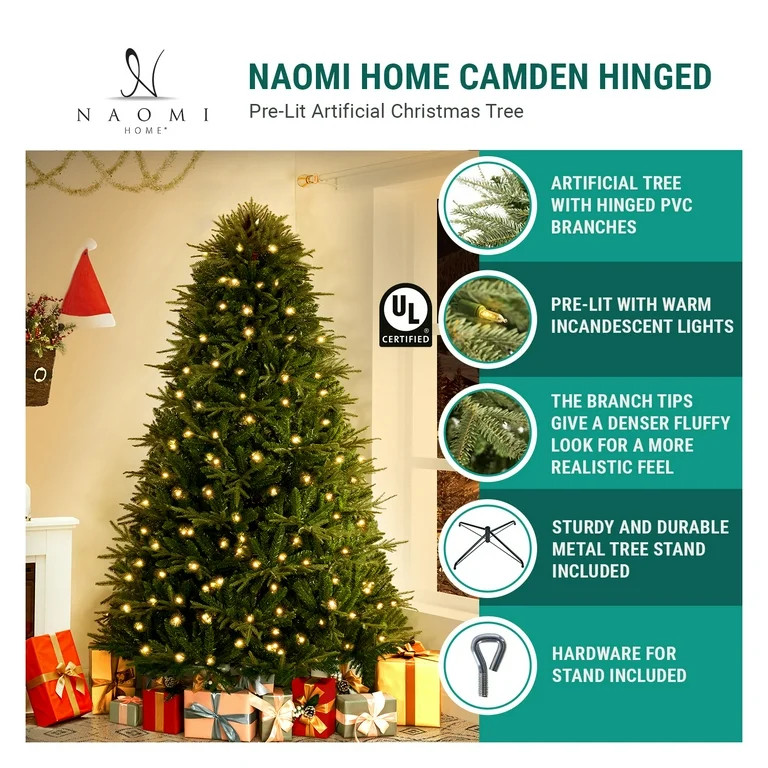 Naomi Home 9ft Christmas Tree with Lights, Realistic Traditional Christmas Tree Prelit with Pine ... | Walmart (US)