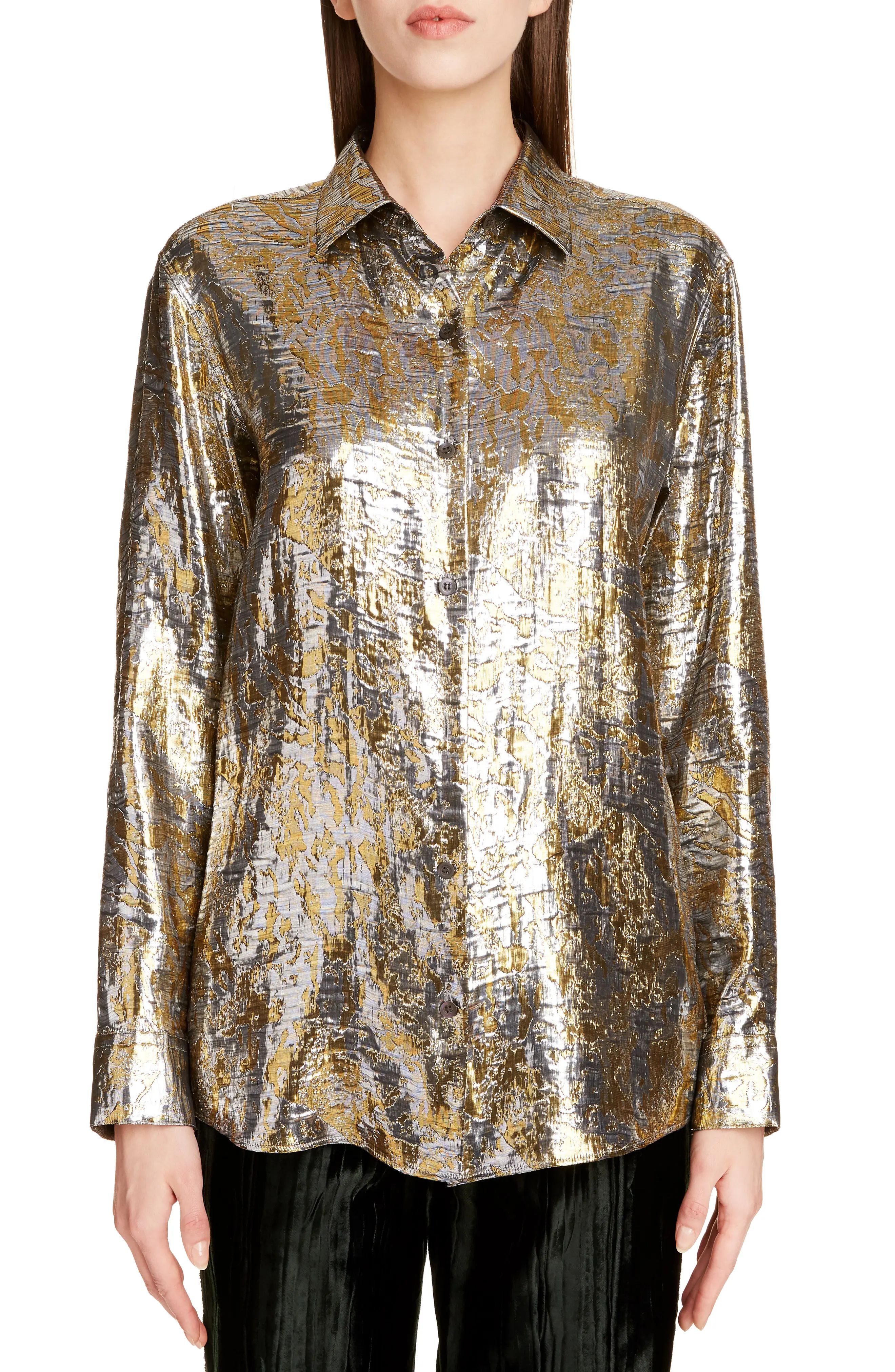 Women's Dries Van Noten Clavelly Fil Coupe Lame Shirt, Size 8 US - Grey | Nordstrom