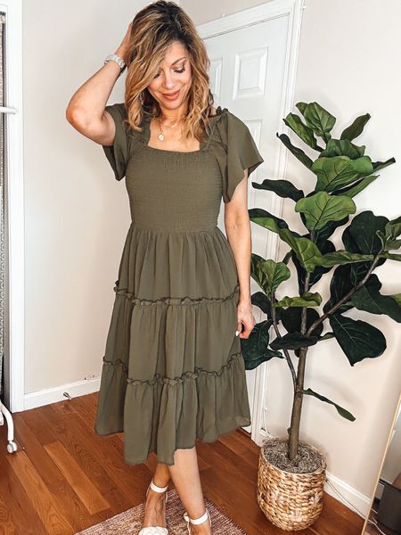 Women’s Smocked Summer Midi Dress  I am wearing a size med in color green #summerdress #weddingguest #mididress #greendress #sandals

#LTKstyletip #LTKFind #LTKunder50