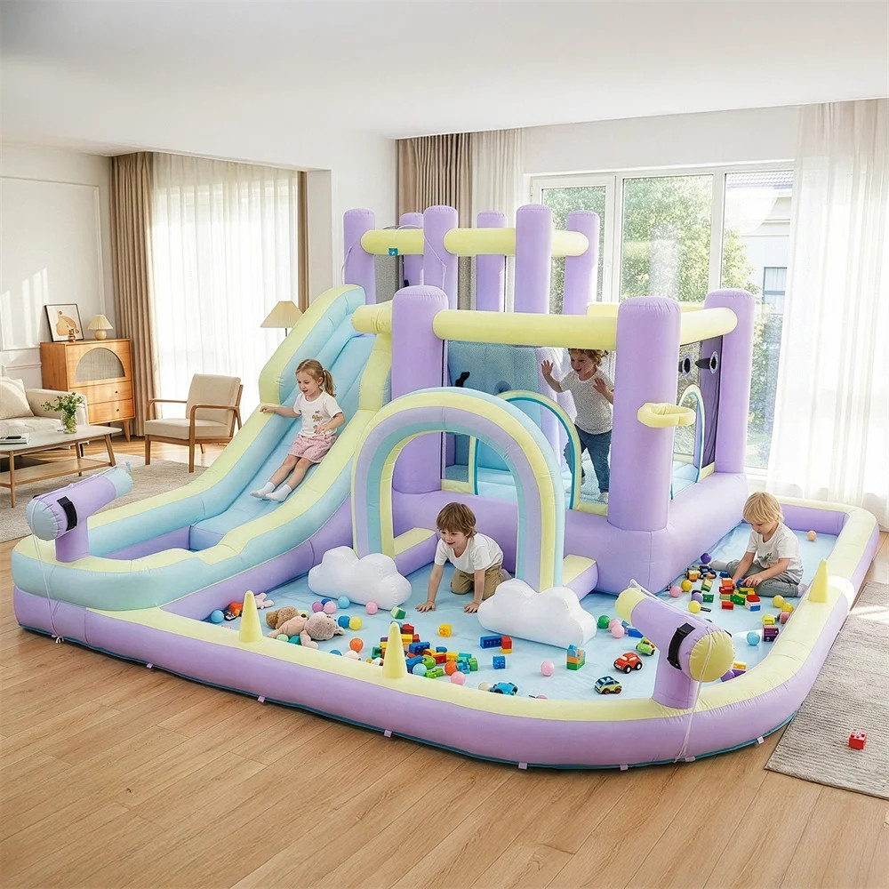 Oxford Cloth Rainbow Inflatable Water Bounce Castle In Pink And Purple With Slide And Climbing Wa... | Wayfair North America