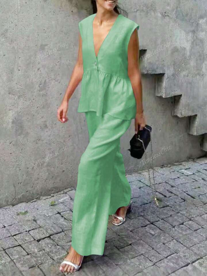 Women 2pcs Set Sleeveless Top And Elastic Waist Long Pants, Solid Color Casual, Elegant Chiffon F... | SHEIN