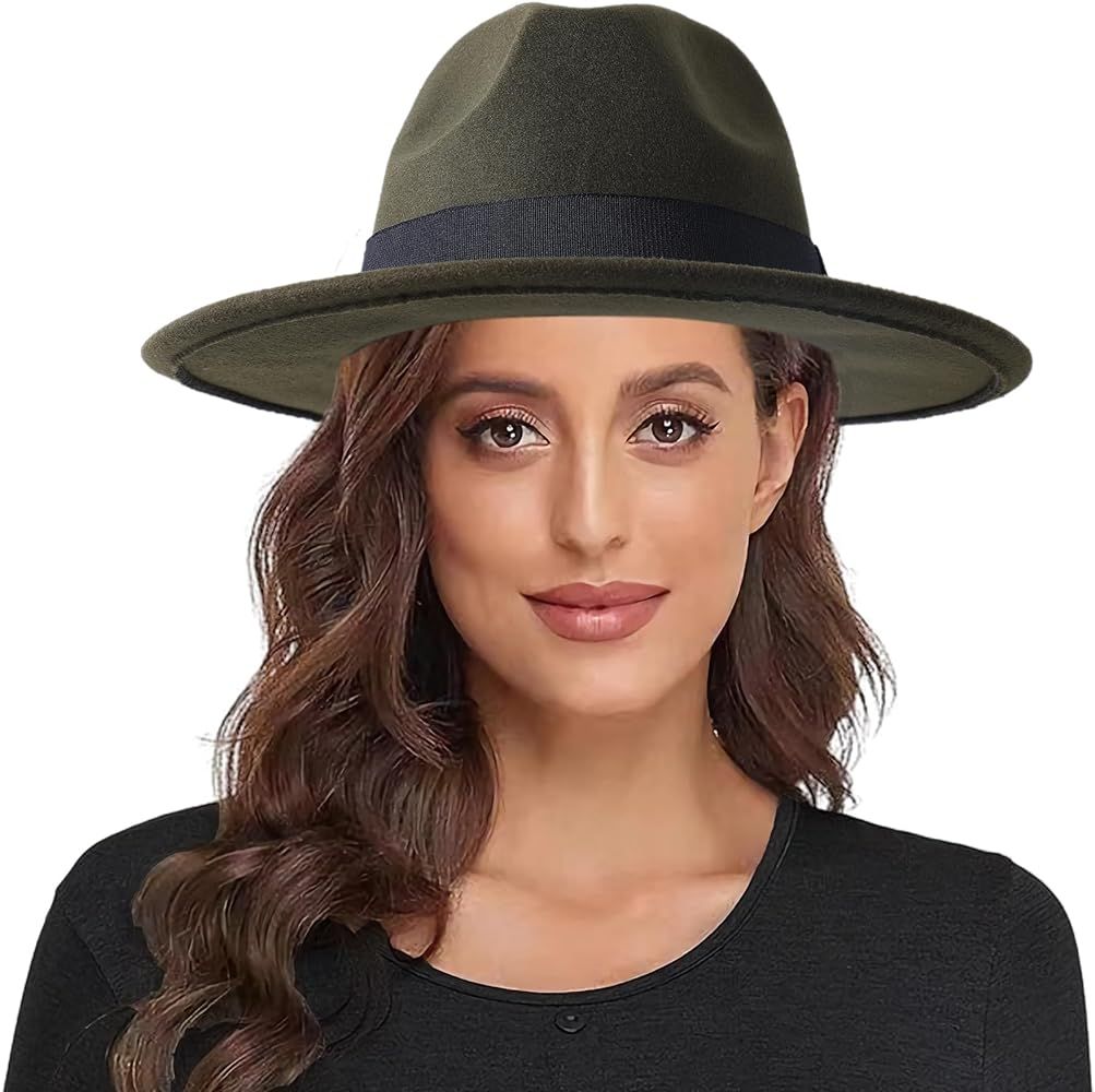 Lanzom Classic Fedora Hats for Women Lady Wide Brim Felt Panama Hat with Belt Buckle | Amazon (US)