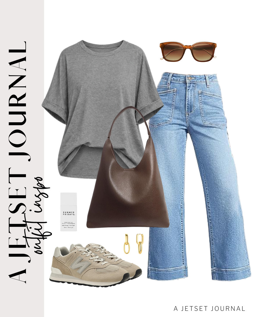 For a gray ATHMILE oversized tee, pair it with cropped jeans from Cicy Bell and New Balance shoes and a soft vegan leather shoulder bag from HOXIS. SOJOS polarized sunnies go well with this fit.

#LTKSeasonal #LTKSaleAlert #LTKTravel
 

 