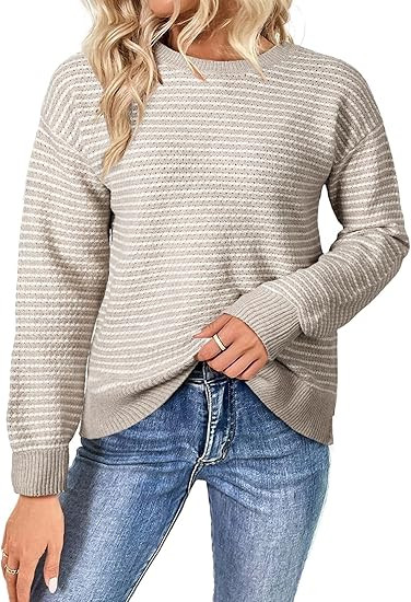 SHEWIN Womens Long Sleeve Crewneck Sweaters Casual Knit Striped Side Split Pullover Sweater Tops | Amazon (US)