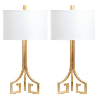 SAFAVIEH Arabelle Hardback 27.5 in. Gold Greek Key Table Lamp with White Shade (Set of 2) | The Home Depot